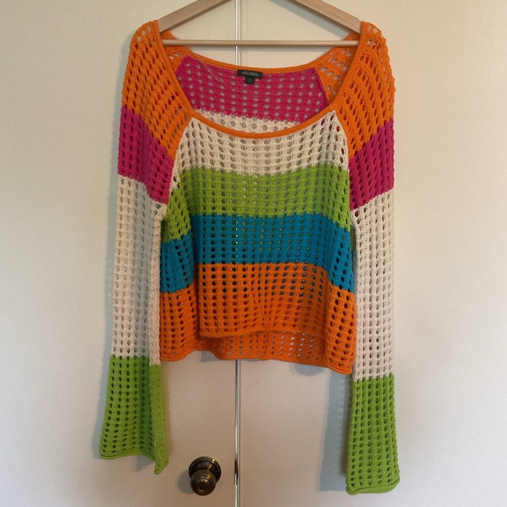 Wild Fable Granny Crochet Striped Rainbow Wide Sleeved Casual Top Shirt Size L - Picture 3 of 9